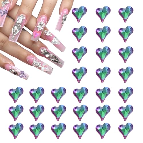 QUARKZMAN 40 Stk. 3D Herz Nagel Charme Kristalle Nagelsteine 8x9mm Schiefes Herz-Form Charme Kunst Strass für Valentinstag Nagel DIY Dekoration, Bunt Grün von QUARKZMAN