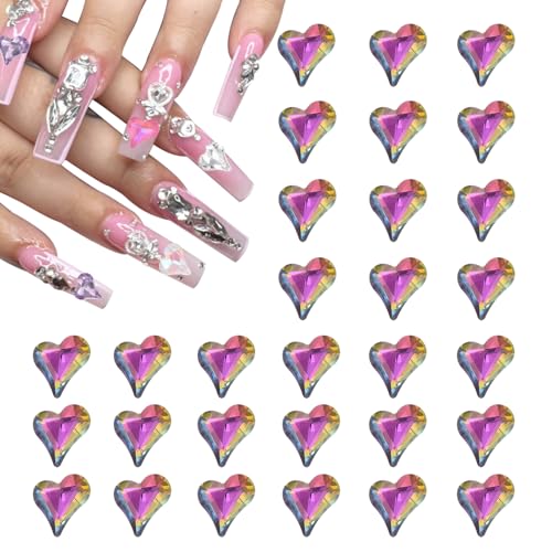 QUARKZMAN 40 Stk. 3D Herz-Nagel-Charme Kristalle Nagelsteine 8x9mm Schiefes Herz-Form Charme Kunst Strass für Valentinstag Nagel DIY Dekoration, Bunt von QUARKZMAN