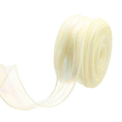 QUARKZMAN 40mm Breites Glitzerndes Sheer Verdrahtetes Organza-Band Pastell Schimmer Irisierende Chiffon-Bänder 23m Creme Weiß zum Geschenkverpacken von Bouquet-Hochzeitsbögen von QUARKZMAN