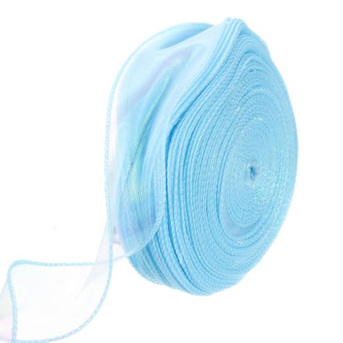 QUARKZMAN 4cm Breites Glitzerndes Durchsichtiges Verdrahtetes Organza-Band 50 Yard/46m Pastell Chiffon-Bänder Himmelblau zum Geschenkverpacken, Bouquet, Hochzeitstorte, Schleifen von QUARKZMAN