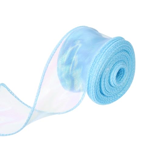 QUARKZMAN 4cm Breites Glitzerndes Durchsichtiges Verdrahtetes Organza-Band Pastell Chiffon-Bänder 9m Himmelblau zum Geschenkverpacken, Blumensträuße, Hochzeitstorten-Schleifen von QUARKZMAN