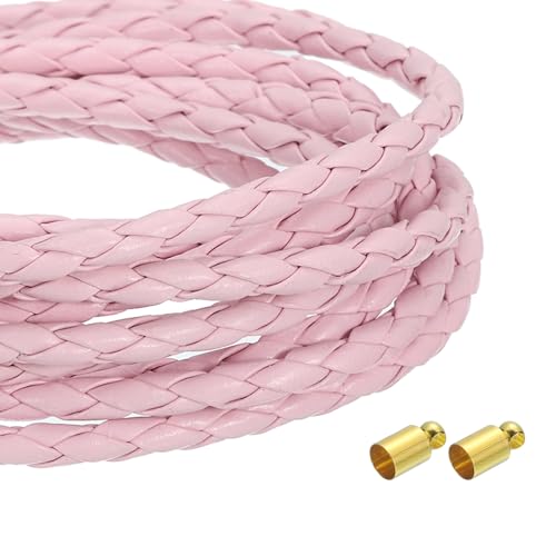 QUARKZMAN 4mm 2,19 Yards Geflochtene Lederkordel, Runde Geflochtene Echte Lederband Schnur Gefaltet für Schmuckherstellung, Binden, Halsketten, Pink von QUARKZMAN