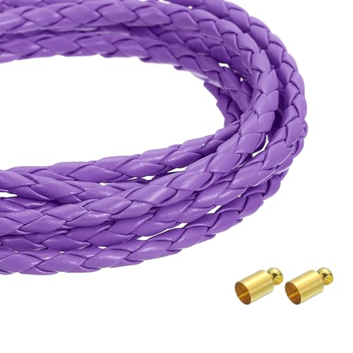 QUARKZMAN 4mm 2,19 Yards Geflochtene Lederkordel, Runde Geflochtene Echte Lederband Seil Gefaltet für Schmuckherstellung, Binden, Halsketten, Lila von QUARKZMAN
