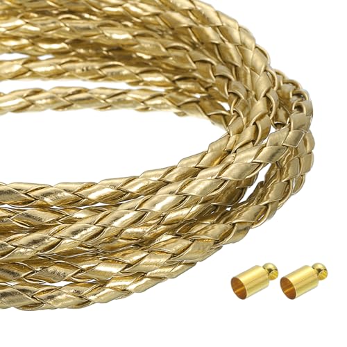 QUARKZMAN 4mm 5,46 Yards Geflochtene Lederkordel, Runde Geflochtene Echte Lederband Seil Gefaltet für Schmuckherstellung, Binden, Halsketten, Gold von QUARKZMAN