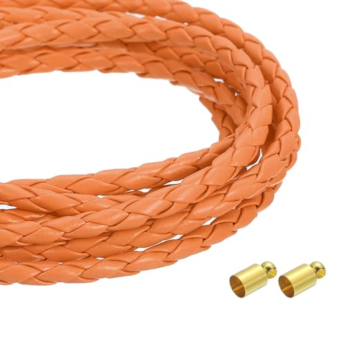 QUARKZMAN 4mm 5,46 Yards Geflochtene Lederkordel, Runde Geflochtene Echte Lederband Seil Gefaltet für Schmuckherstellung, Binden, Halsketten, Orange von QUARKZMAN