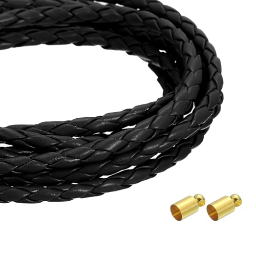 QUARKZMAN 4mm 5,46 Yards Geflochtene Lederkordel, Runde Geflochtene Echte Lederband Seil Gefaltet für Schmuckherstellung, Binden, Halsketten, Schwarz von QUARKZMAN
