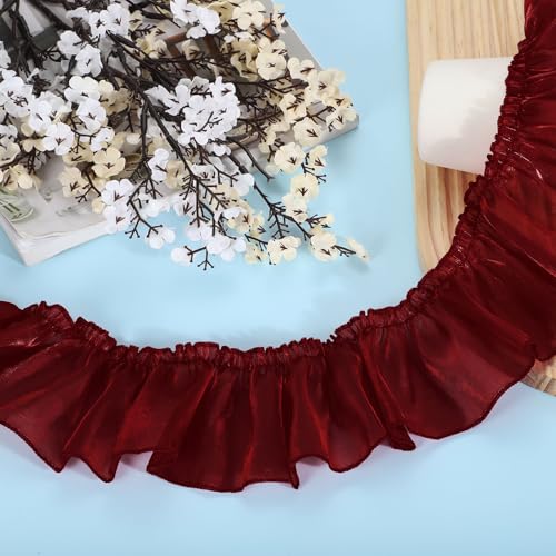 QUARKZMAN 5,5 Yards Rüschen Spitzenband 8cm/3" Plissierte Organza Spitzenkante Band Nähen Spitzenstoff Band für DIY Handwerk Kleid Kleidung Hochzeit Geschenk Hausdekoration, Rot von QUARKZMAN