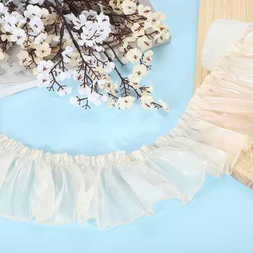 QUARKZMAN 5,5 Yards Rüschen Spitzenband 8cm/3" Plissierte Organza Spitzenkante Band Nähen Spitzenstoff Band für DIY Handwerk Kleidung Hochzeit Geschenk Heimdekoration, Beige von QUARKZMAN