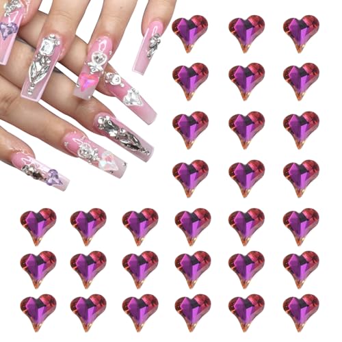 QUARKZMAN 50 Stück 3D Herz Nagel Charme Kristalle Nagel Edelsteine 8x9mm Schiefes Herz-Form Kunst Strass Charme für Valentinstag DIY Dekoration, Bunte Lila von QUARKZMAN