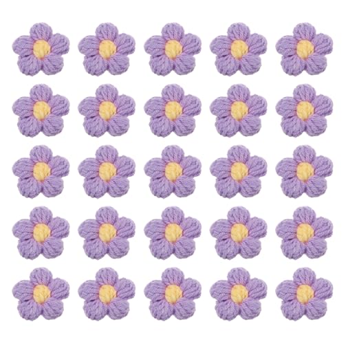 QUARKZMAN 50 Stück Blumen Aufnäher, Häkelblumenblüten Handgemachte Häkelblumen Applikationen Verzierungen für DIY Haar Kleid Hochzeit Party Handwerk, Lila und Gelb von QUARKZMAN