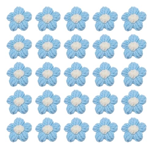 QUARKZMAN 50 Stück Blumen Aufnäher, Häkelblumenblüten Handgemachte Häkelblumen Applikationen Verzierungen für DIY Haar Kleidung Hochzeit Party Handwerk, Hellblau und Weiß von QUARKZMAN