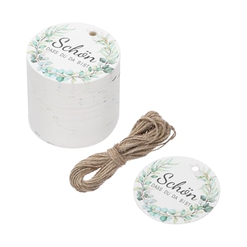QUARKZMAN 50 Stück Geschenkanhänger Kraftpapier Etiketten Geschenk Anhänger Tags, Blattmuster SCHÖN DASS DU DA BIST Kärtchen mit 10 Meter Jute Schnur für Geschenkverpackung Weihnachten von QUARKZMAN