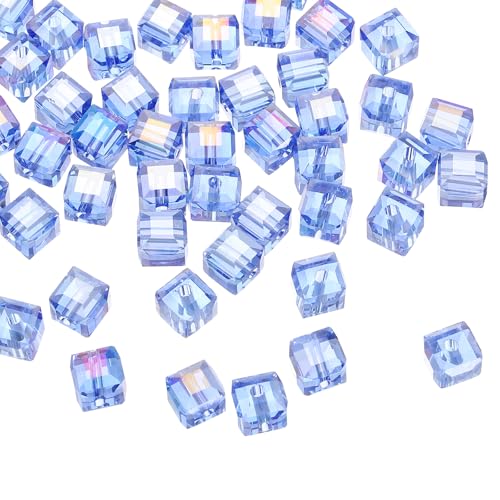 QUARKZMAN 50 Stück Glasperlen zum Auffädeln Würfel Kristallperlen, 8mm Glitzernde Facettierte Lose Quadratische Abstandperlen für Armbänder Selber Machen DIY Handwerkskunst (Blau) von QUARKZMAN