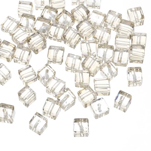 QUARKZMAN 50 Stück Glasperlen zum Auffädeln Würfel Kristallperlen, 8mm Glitzernde Facettierte Lose Quadratische Abstandperlen für Armbänder Selber Machen DIY Handwerkskunst (Hellgelb) von QUARKZMAN
