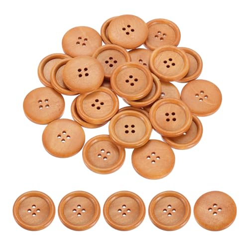 QUARKZMAN 50 Stück Holzknöpfe 30mm (1 3/16") 4-Loch Runde Holz Nähen Knöpfe Handwerk Flachrücken für Nähen DIY Handwerk Kleidung Erdgelb von QUARKZMAN