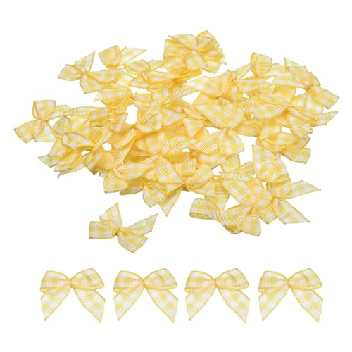 QUARKZMAN 50 Stück Mini Schleifen 25mm Karierte Stoff-Satinband Klein Weihnachtsschleifen Vintage Bogen zum Basteln DIY Haar Geschenk Nähen Hochzeit Geburtstag Weihnachtsdeko, Gelb Weiß von QUARKZMAN