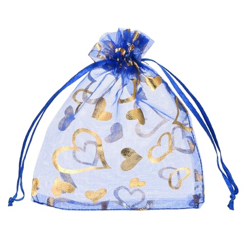 QUARKZMAN 50 Stück Organzasäckchen, 10x12cm Geschenksäckchen Schmuckbeutel Herz-Muster Mesh Säckchen mit Kordelzug, Organzabeutel für Hochzeit Party Süßigkeiten, Leuchtendes Blau-Gold von QUARKZMAN
