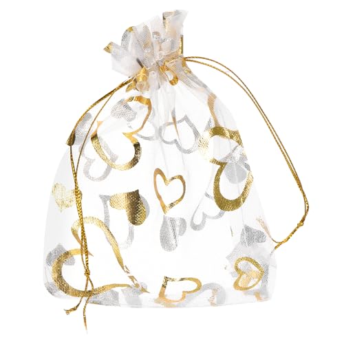 QUARKZMAN 50 Stück Organzasäckchen, 10x15cm Geschenksäckchen Schmuckbeutel Herz-Muster Mesh Säckchen mit Zugband, Organzabeutel für Hochzeit Party Weihnachten Süßigkeiten, Weißgold von QUARKZMAN