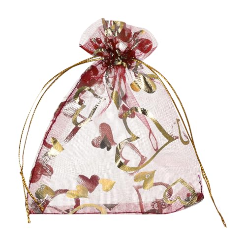 QUARKZMAN 50 Stück Organzasäckchen, 13x18cm Geschenksäckchen Schmuckbeutel Herz-Muster Mesh Säckchen mit Zugband, Organzabeutel für Hochzeit Party Weihnachten Süßigkeiten, Burgund-Gold von QUARKZMAN
