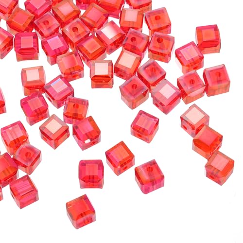 QUARKZMAN 50 Stück Würfel Kristallglasperlen, 8mm Glitzernde Facettierte Lose Quadratische Abstandperlen für DIY Handwerkskunst (Rot) von QUARKZMAN