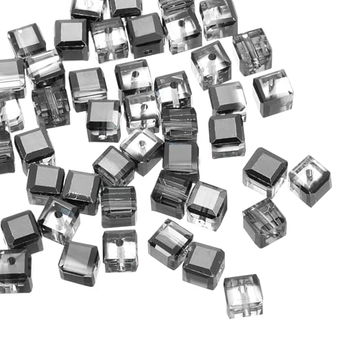 QUARKZMAN 50 Stück Glasperlen zum Auffädeln Würfel Kristallperlen, 8mm Glitzernde Facettierte Lose Quadratische Abstandperlen für Armbänder Selber Machen DIY Handwerkskunst (Dunkelgrau) von QUARKZMAN