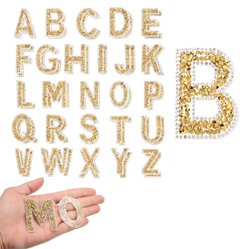 QUARKZMAN 52 Stück Perlen Strass Bügelbuchstaben, A-Z Selbstklebende Glitzernde Strass Alphabet Buchstaben Aufkleber Applikationen für DIY Jacken Hüte Kleidung Rucksack, Gold von QUARKZMAN
