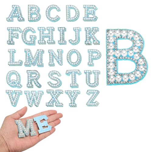 QUARKZMAN 52 Stück Strass-Bügelbuchstaben, A-Z Selbstklebende Glitzernde Strass-Alphabet-Buchstaben-Aufkleber-Applikationen für DIY-Jacken, Hüte, Kleidung, Rucksäcke, Blau von QUARKZMAN