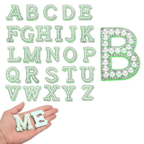 QUARKZMAN 52 Stück Strass-Bügelbuchstaben, A-Z Selbstklebende Glitzernde Strass-Alphabet-Buchstaben-Aufkleber-Applikationen für DIY-Jacken, Hüte, Kleidung, Rucksäcke, Grün von QUARKZMAN