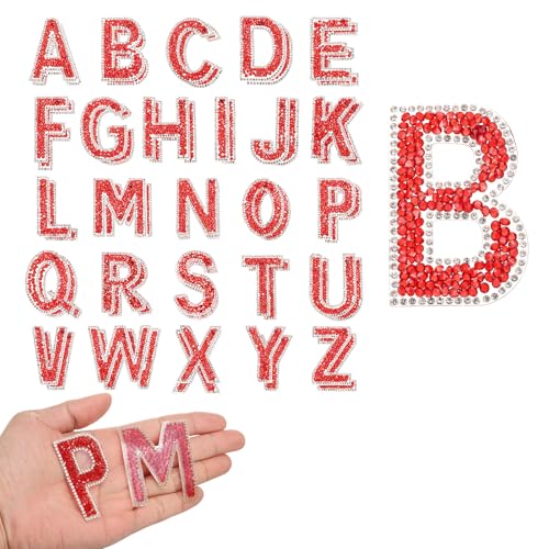QUARKZMAN 52 Stück Strass-Bügelbuchstaben, A-Z Selbstklebende Glitzernde Strass-Alphabet-Buchstaben-Aufkleber-Applikationen für DIY-Jacken, Hüte, Kleidung, Rucksäcke, Rot von QUARKZMAN