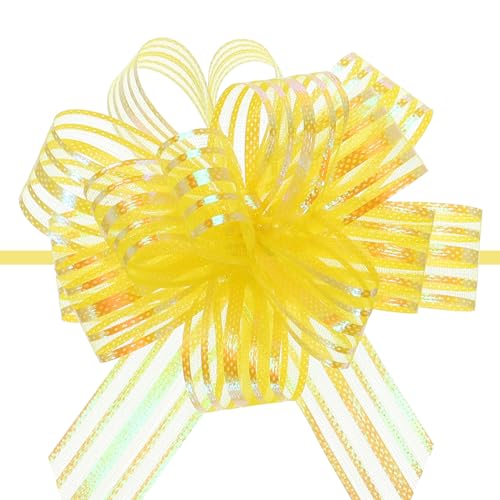 QUARKZMAN 5Stk 4" Große Organza Zugschleife Metallisch Chiffon Geschenk Verpackung Schleifen Band Gelb für Hochzeitsgeschenke Körbe Weihnachten von QUARKZMAN