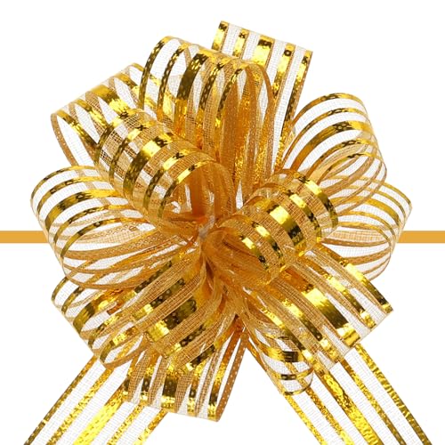 QUARKZMAN 5Stk 4" Große Organza Zugschleife Metallisch Chiffon Geschenk Verpackung Schleifen Band Gold für Hochzeitsgeschenke Körbe Weihnachten von QUARKZMAN
