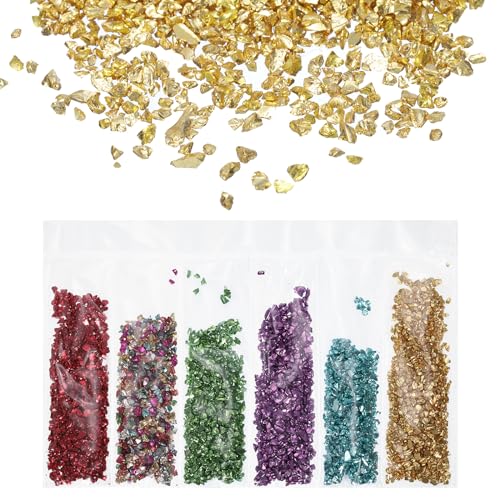 QUARKZMAN 6 Farben Zerkleinert Glas Glitzer 2-4mm Unregelmäßige Chips Pailletten Metallisch Klobige Glitzer Steine für Harz Kunst(Gold/Blau/Lavendel/Grün/Gemischte Farbe/Rot 1.06oz/30g) von QUARKZMAN