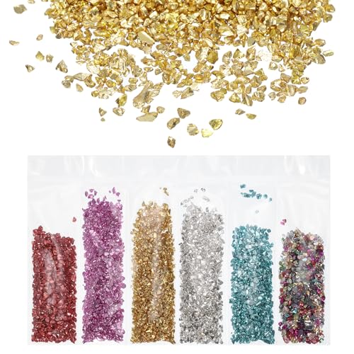 QUARKZMAN 6 Farben Zerkleinert Glas Glitzer 2-4mm Unregelmäßige Chips Pailletten Metallisch Klobige Glitzer Steine für Harz Kunst(Rot/Rosa/Gold/Silber/Blau/gemischte Farbe 1.02 Unzen/29g) von QUARKZMAN