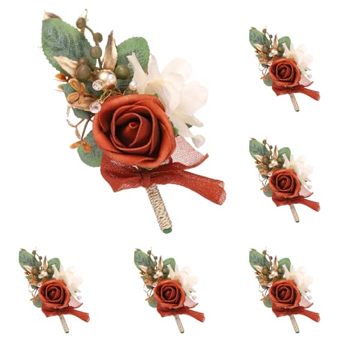 QUARKZMAN 6 Stück Rot/Champagner Boutonnieres für Männer, Knopflöcher Taschenkorsage Künstliche Blumen mit Boutonniere Pins für Braut Bräutigam Hochzeitszeremonie Jubiläum Formelle Party von QUARKZMAN
