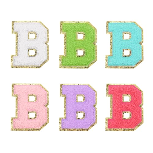 QUARKZMAN 6 Stück Selbstklebende Chenille-Buchstaben B Patches Glitzer Goldrand Bestickte Patch Bügeleisen Applikation für Kleidung Tasche Laptop Handyhülle, Mehrfarbig von QUARKZMAN