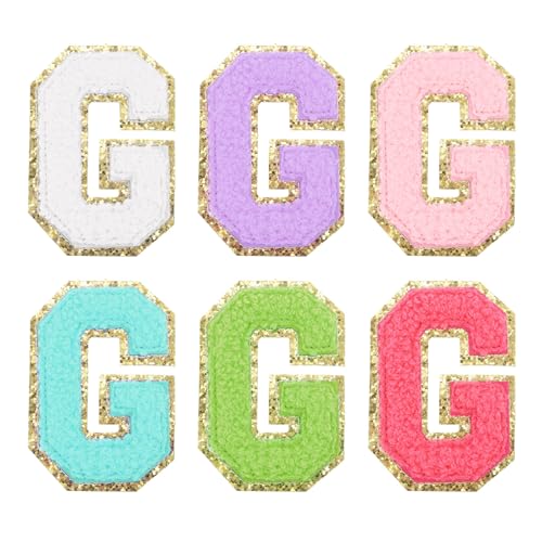 QUARKZMAN 6 Stück Selbstklebende Chenille-Buchstaben G-Patches mit Glitzer-Goldrand, gestickter Patch zum Aufbügeln für Kleidung, Tasche, Laptop, Handyhülle, Mehrfarbig von QUARKZMAN