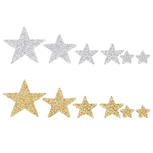 QUARKZMAN 60 Stück Sterne Patches zum Aufbügeln, 2/4/6/8cm Flicken zum Aufbügeln,Bestickte Aufnäher Bügelflicken für Hut Jacke Jeans Rucksäcke DIY Dekoration(Silber, Gold) von QUARKZMAN