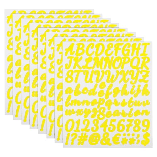 QUARKZMAN 672 Stück 8 Blätter Buchstaben aufkleber, Selbstklebende Nummern Klebebuchstaben Vinyl Wasserdichte für Schriftzug aufkleber Wunschtext Adressnummer DIY Scrapbooking,Gelb von QUARKZMAN