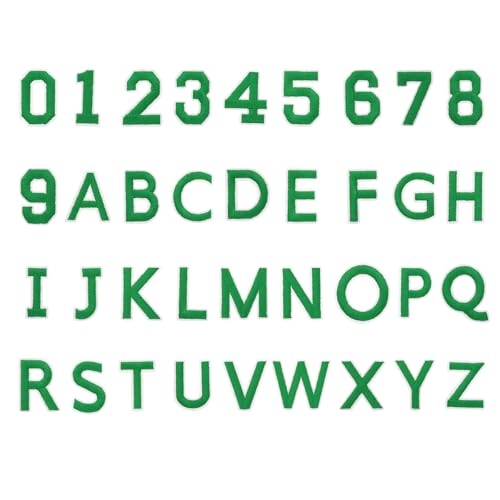 QUARKZMAN 72 Stück Bügelbuchstaben und zahlen, 1,5 Zoll A-Z Buchstaben Patches und 0-9 Nummern Patches für Kleidung Grüne Bügelzahlen Kleine gestickte Aufnäher für Jacke Kleidung Socke DIY von QUARKZMAN