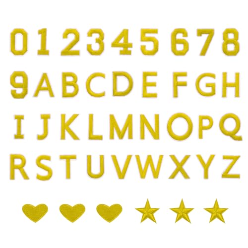 QUARKZMAN 78 Stück Bügelbuchstaben und zahlen, 2 Zoll A-Z Buchstaben Patches und 0-9 Nummern Patches für Kleidung Gold Bügelzahlen Kleine gestickte Aufnäher für Jacke Kleidung Hut Socke DIY von QUARKZMAN