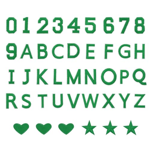 QUARKZMAN 78 Stück Bügelbuchstaben und zahlen, 2 Zoll A-Z Buchstaben Patches und 0-9 Nummern Patches für Kleidung Grüne Bügelzahlen Kleine gestickte Aufnäher für Jacke Kleidung Hut Socke DIY von QUARKZMAN