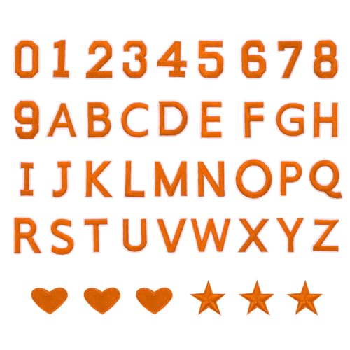 QUARKZMAN 78 Stück Bügelbuchstaben und zahlen, 2 Zoll A-Z Buchstaben Patches und 0-9 Nummern Patches für Kleidung Orange Bügelzahlen Kleine gestickte Aufnäher für Jacke Hut Socke DIY von QUARKZMAN