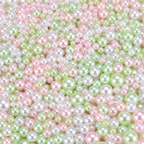 QUARKZMAN 800 Stück Faux Perlen zum Basteln, 3-8mm Ohne Loch ABS Runde Perlen für Vasenfüller, Schmuckherstellung, Vasenfüller, Kosmetikboxen, Tischstreuung, Wohnkultur, Grün/Rosa/Weiß von QUARKZMAN