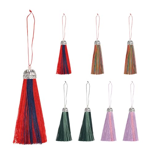 QUARKZMAN 8Stk 9.8" Seidige Doppelte Farbe Quasten Handgemachte Weiche Floss Quasten mit Schlaufe Quaste für Lesezeichen Schmuck Herstellung Schlüsselanhänger (4 Farbe Vielfarbig) von QUARKZMAN