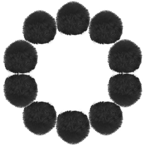 QUARKZMAN 9cm Kunstpelz Pom Pom Bälle, 10 Stück Schwarze Flauschige Weiche Kunstpelz Pom Poms für Hüte mit Elastischer Schlaufe für DIY Schals Handschuhe Taschen Schuhe Zubehör von QUARKZMAN