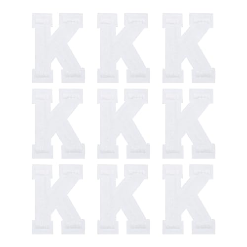 QUARKZMAN 9 Stück Buchstaben zum Aufbügeln, 4.7 cm Selbstklebende Chenille Buchstaben K, Gestickter Patch zum Aufbügeln für Kleidung, Stoffe, Schuhe, Taschen (Weiß) von QUARKZMAN