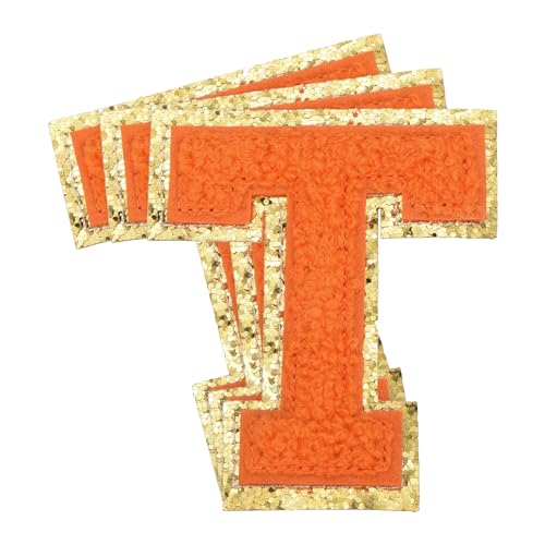 QUARKZMAN 3 Stück Buchstaben zum Aufbügeln, 70 mm Selbstklebende Chenille Buchstaben T mit Glitzer-Goldrand, Gestickter Patch zum Aufbügeln für Kleidung, Taschen, Hut, DIY (Orange) von QUARKZMAN