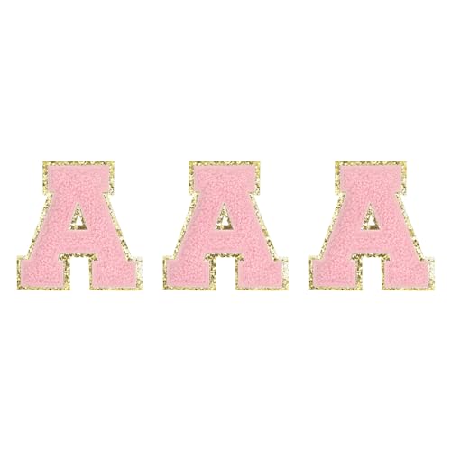 QUARKZMAN Chenille Buchstaben Aufnäher Große Größe 80mm/3,15 Zoll Bügelbuchstaben Goldene Glitzerstickerei Aufnäher für Kleidung, Schuhe, Hüte, Rucksäcke Packung mit 3 (Pink) von QUARKZMAN