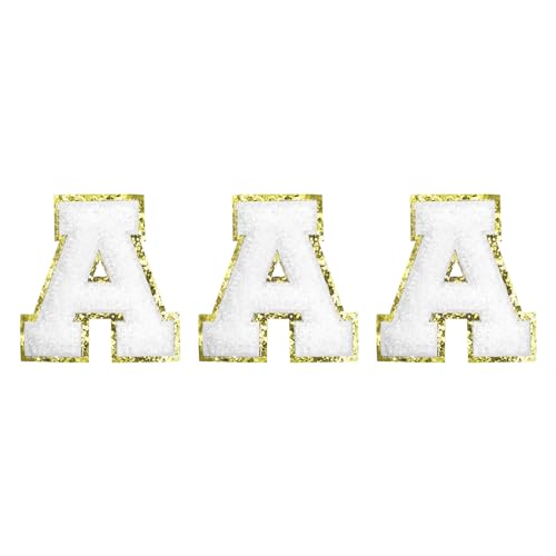 QUARKZMAN Chenille Aufbügler Buchstaben Patches Große Größe 80mm/3,15 Zoll Bügelbuchstaben Goldene Glitzerstickerei Aufnäher für Kleidung, Schuhe, Hüte, Rucksäcke Packung mit 3 (Weiß) von QUARKZMAN