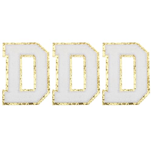 QUARKZMAN Chenille Buchstaben D Patches Große Größe 4-1/2 Zoll Bügelbuchstaben D Patches Gold Glitzer Bestickte Patches für Kleidung, Schuhe, Hüte, Rucksäcke Packung mit 3 (Weiß) von QUARKZMAN